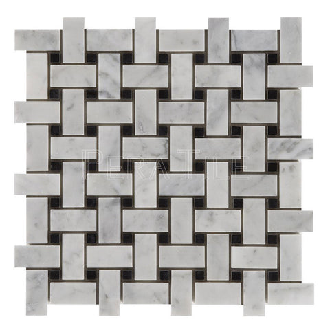 Bianco Carrara/ Noir Noble 1×2 Polished Basket Weave Mosaic