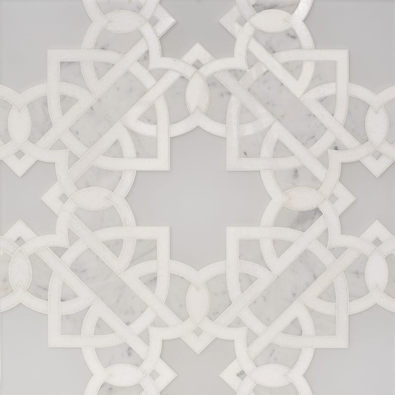Thassos White, Pura Glass, White Carrara Multi Finish Isabella Marble Waterjet Decos 11 9/32x11 9/32