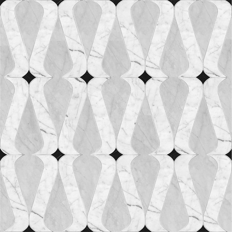 White Carrara, Avenza, Black Multi Finish Linon Marble Waterjet Decos 8 1/4x12 11/32
