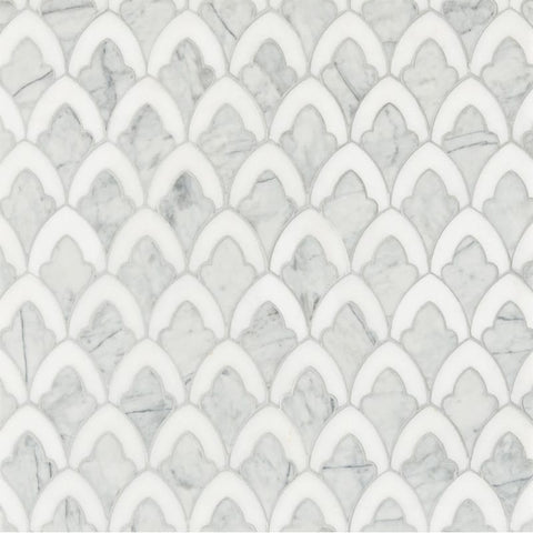 Afyon White, Avenza Dark Multi Finish Sophia Marble Waterjet Decos 8 3/4x13 1/2