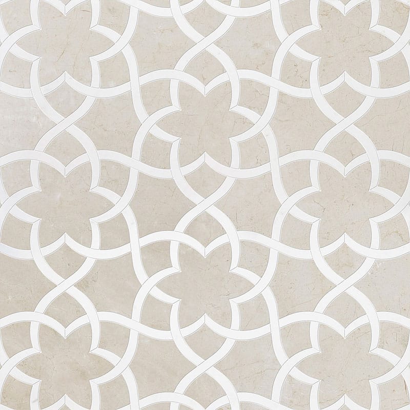 Crema Bella, Thassos White Or Aspen Whit Polished Isidore Marble Waterjet Decos 12 1/2x14 3/8