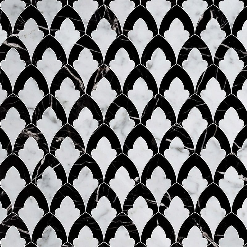 White Carrara, Black Multi Finish Sophia Marble Waterjet Decos 8 3/4x13 1/2