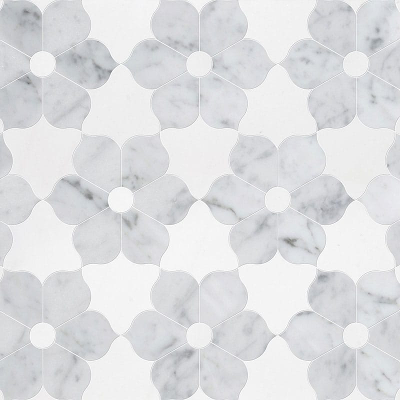 White Carrara, Thassos White Multi Finish Theodora Marble Waterjet Decos 12 1/8x14